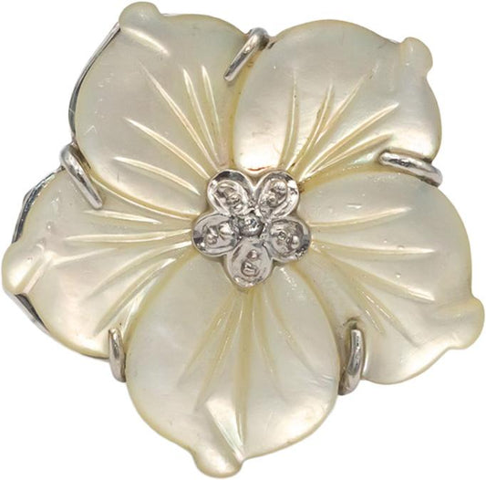 14k White Gold Carved Mother of Pearl Flower Ring w/ Diamond Accents Size 7