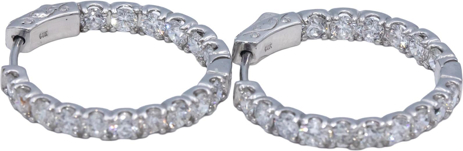 14k White Gold Lab Grown Round Diamond Inside Out Hoop Earrings 3.0CT