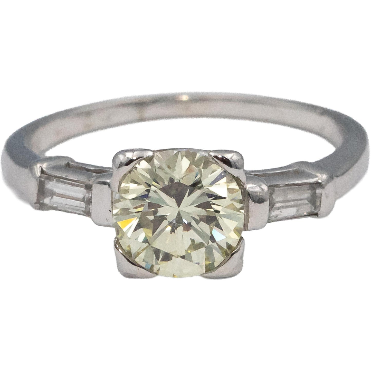 Platinum Round & Baguette Diamond Engagement Ring 1.32CT w/ 1.17CT Center