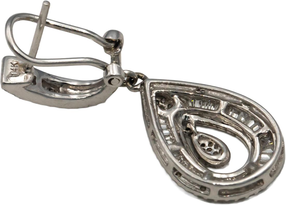 14k White Gold Round & Baguette Diamond Drop Dangle Earrings 1.0CT