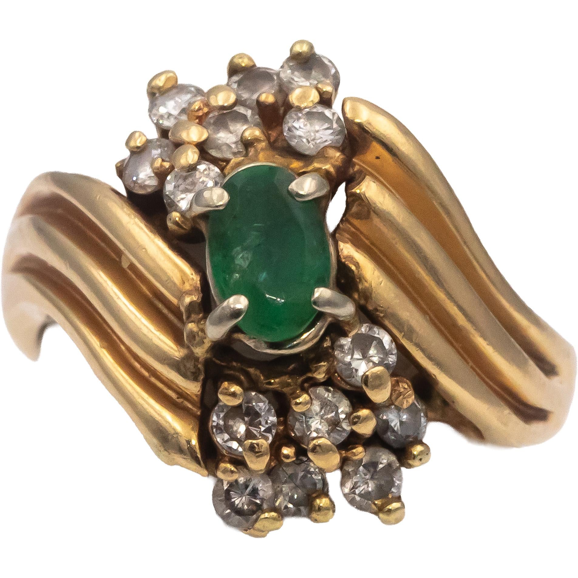 14k Yellow Gold Oval Emerald Round Diamond Cocktail Ring 1.0CT Size 6.5