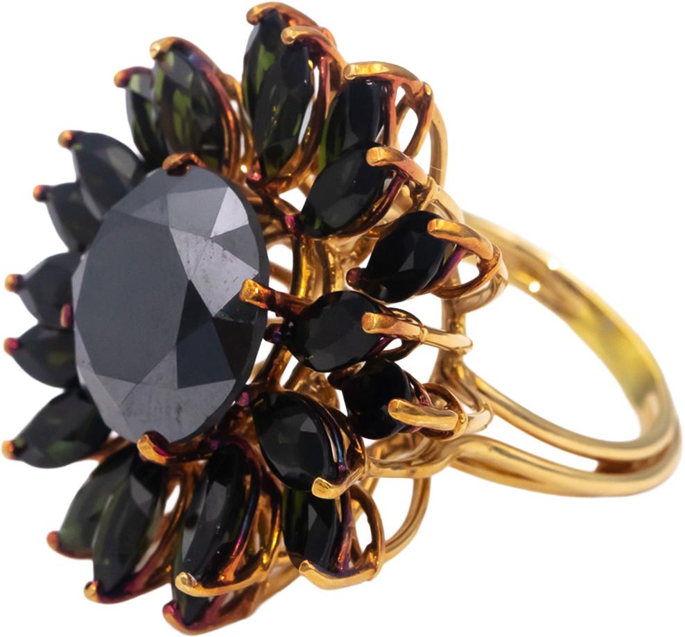 18k Yellow Gold Black Diamond & Green Tourmaline Flower Ring 21.0CTW Size 9