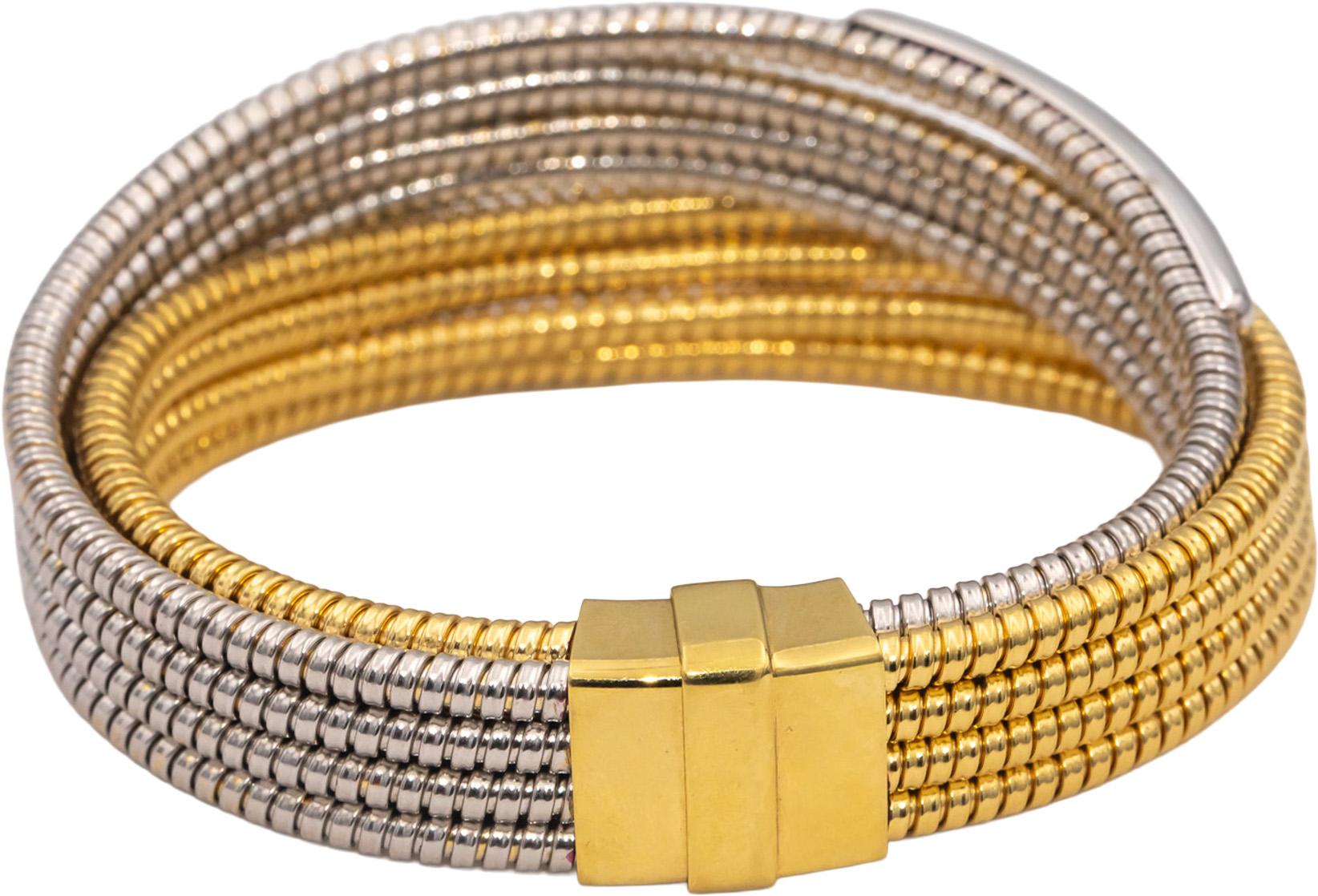 18k Yellow & White Gold Round Diamond Eight Row Flexible Bangle Bracelet 1.0CTW