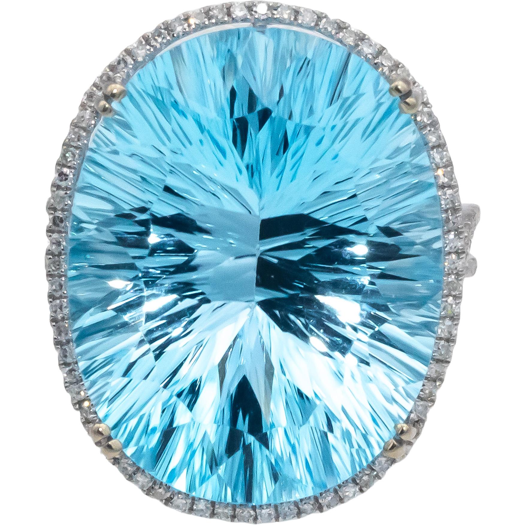 14k White Gold Oval Fantast Cut Blue Topaz & Diamond Cocktail Ring 32.30CT Sz 8