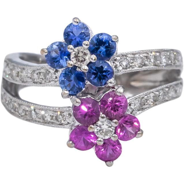 18k White Gold Diamond Pink & Blue Sapphire Flower Ring 1.45CT Size 5