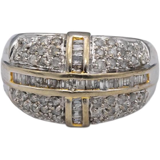 10k White & Yellow Gold Round & Baguette Diamond Cluster Dome Ring 0.60CT Size 7