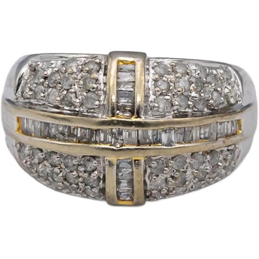 10k White & Yellow Gold Round & Baguette Diamond Cluster Dome Ring 0.60CT Size 7