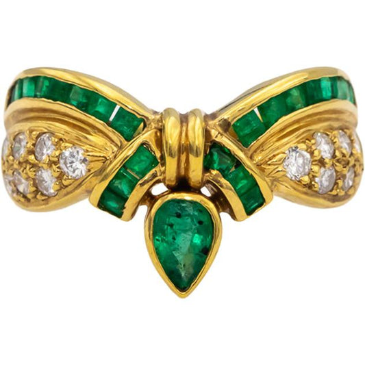 18k Yellow Gold Diamond and Emerald Ribbon Cocktail Ring 0.80CT Size 7