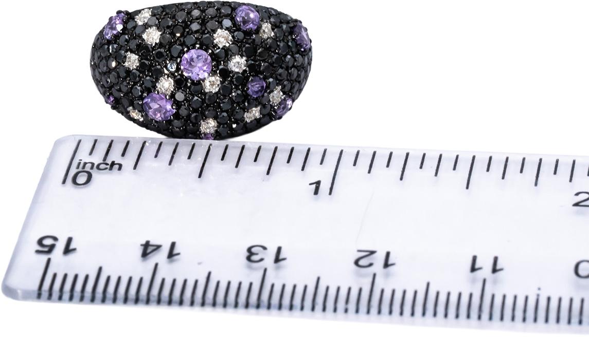 14k White Gold Round Black & White Diamond Amethyst Cluster Ring 1.0CTW Size 6.5