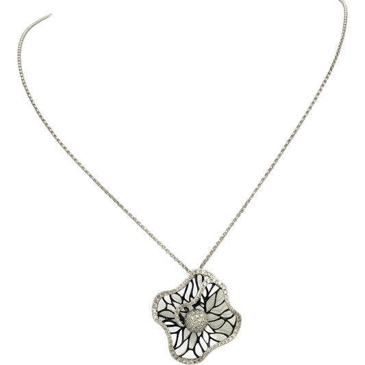 14k White Gold & Rhodium Diamond Cluster Abstract Flower Pendant Necklace 1.0CT