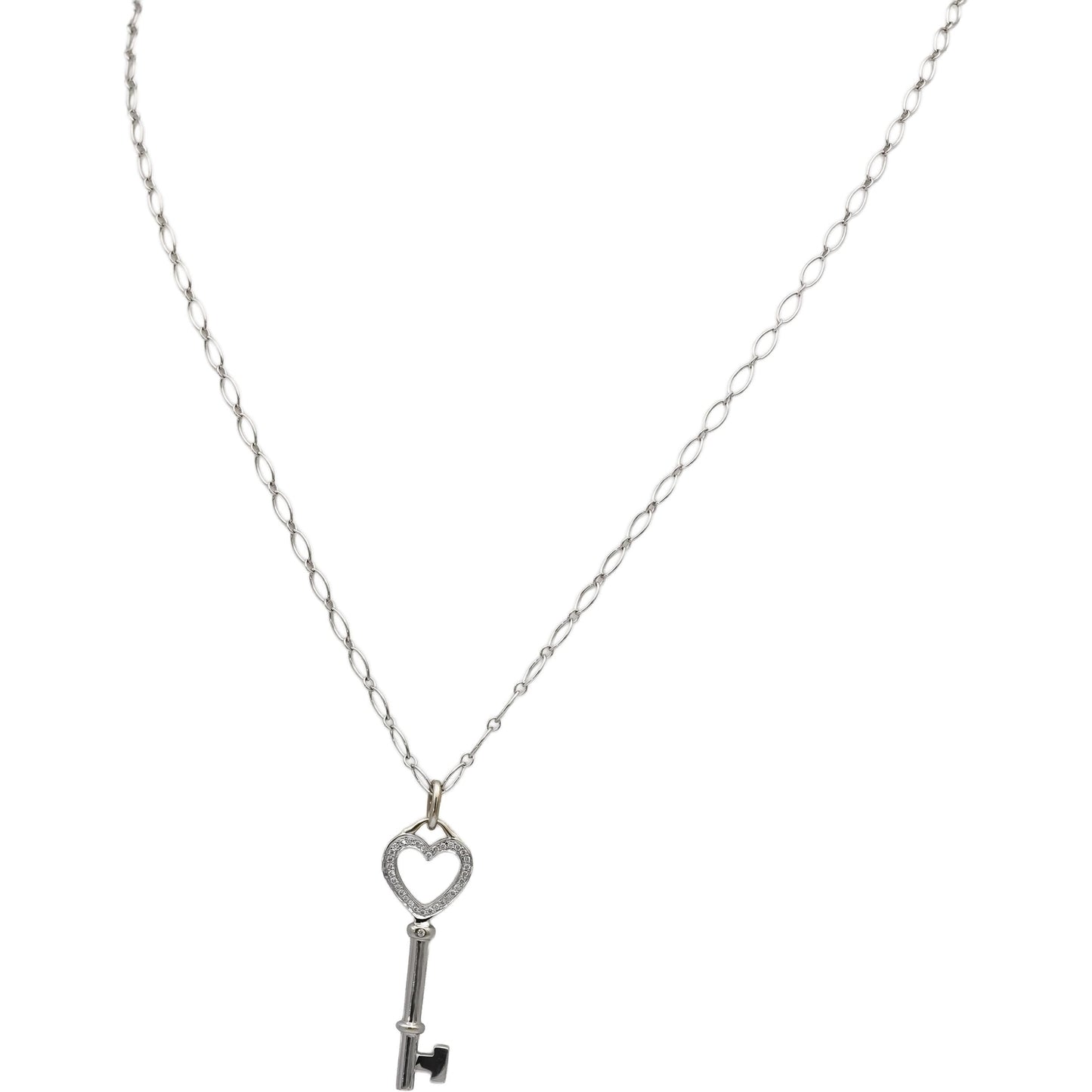 TIFFANY & CO. 18k White Gold Round Diamond Heart Key Pendant Necklace 0.13CT