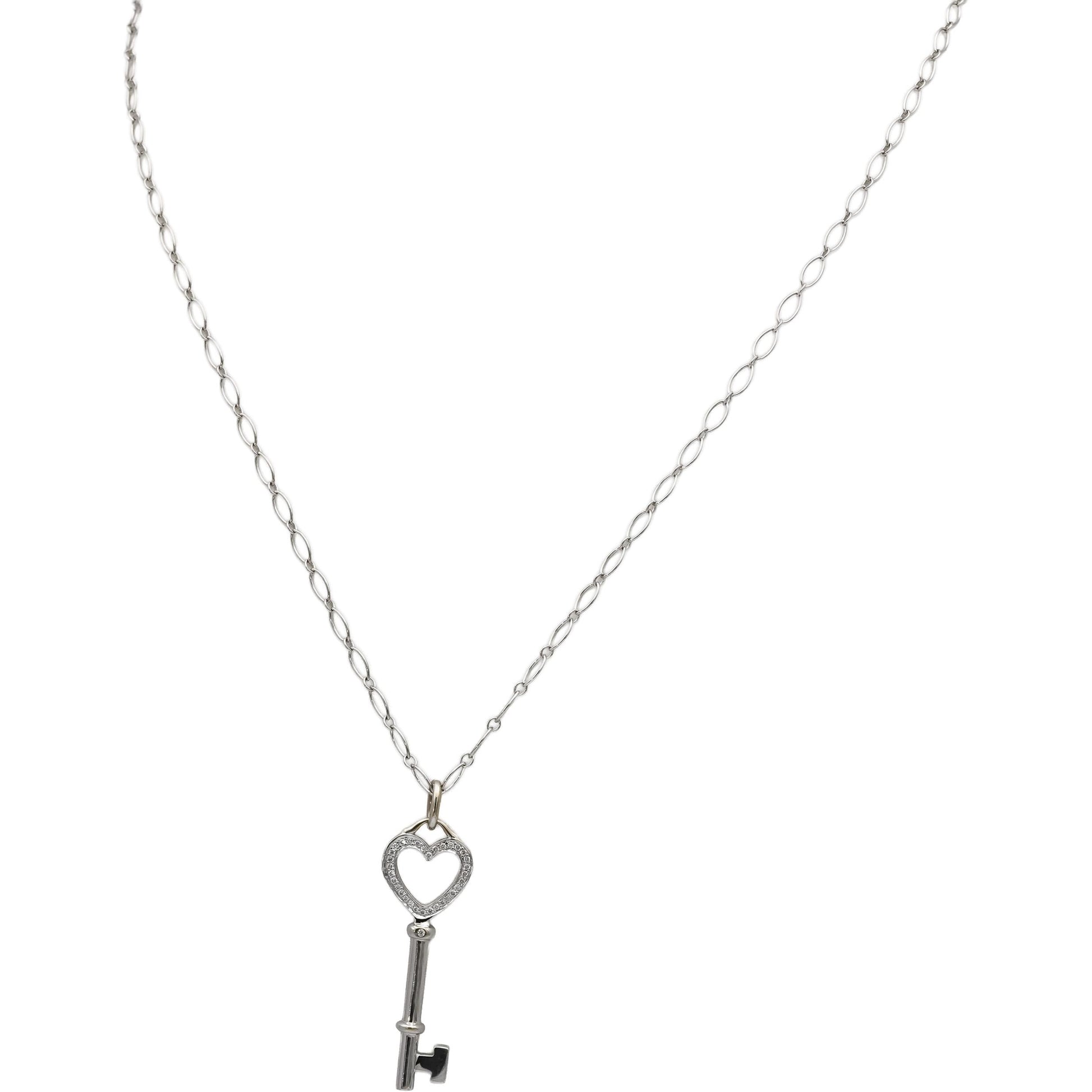 TIFFANY & CO. 18k White Gold Round Diamond Heart Key Pendant Necklace 0.13CT
