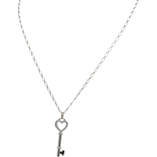 TIFFANY & CO. 18k White Gold Round Diamond Heart Key Pendant Necklace 0.13CT