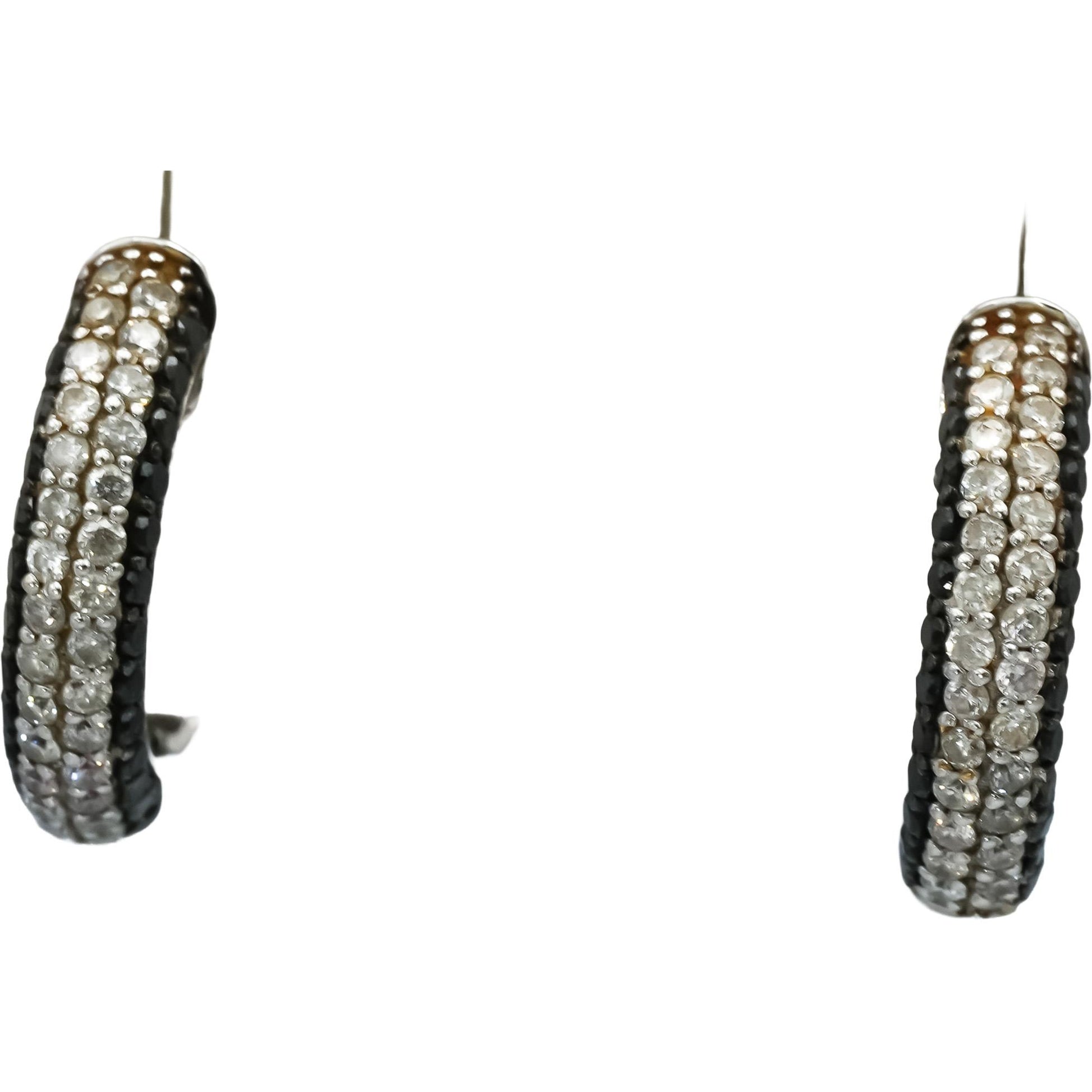 18k White Gold Round White and Black Diamond Hoop Huggie Earrings 1.0CT