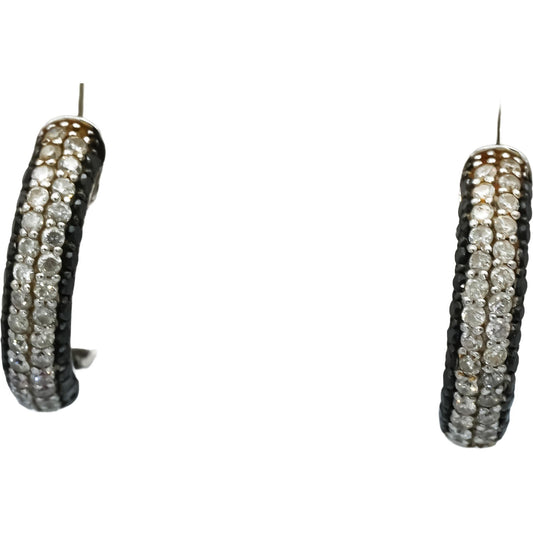 18k White Gold Round White and Black Diamond Hoop Huggie Earrings 1.0CT