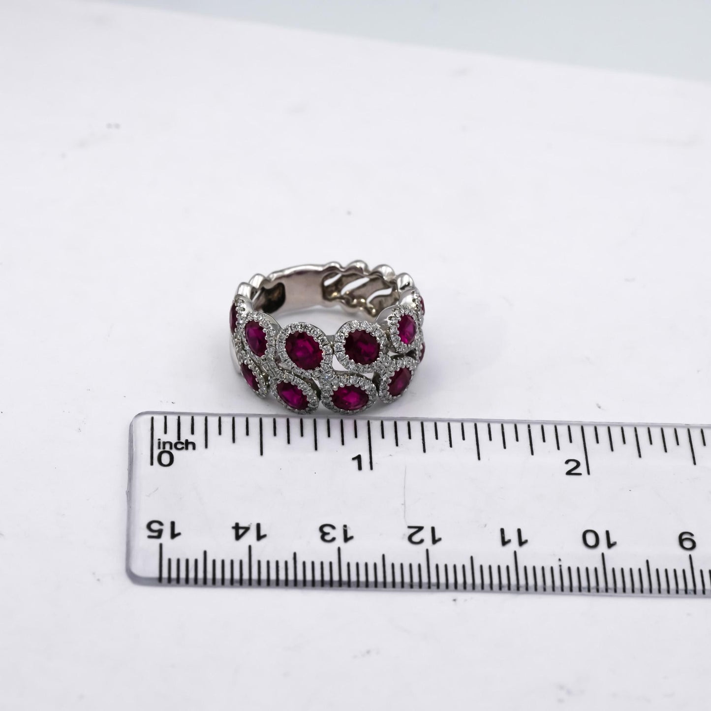 14k White Gold Round Diamond Oval Ruby Band Ring 4.71CT Size 7.5