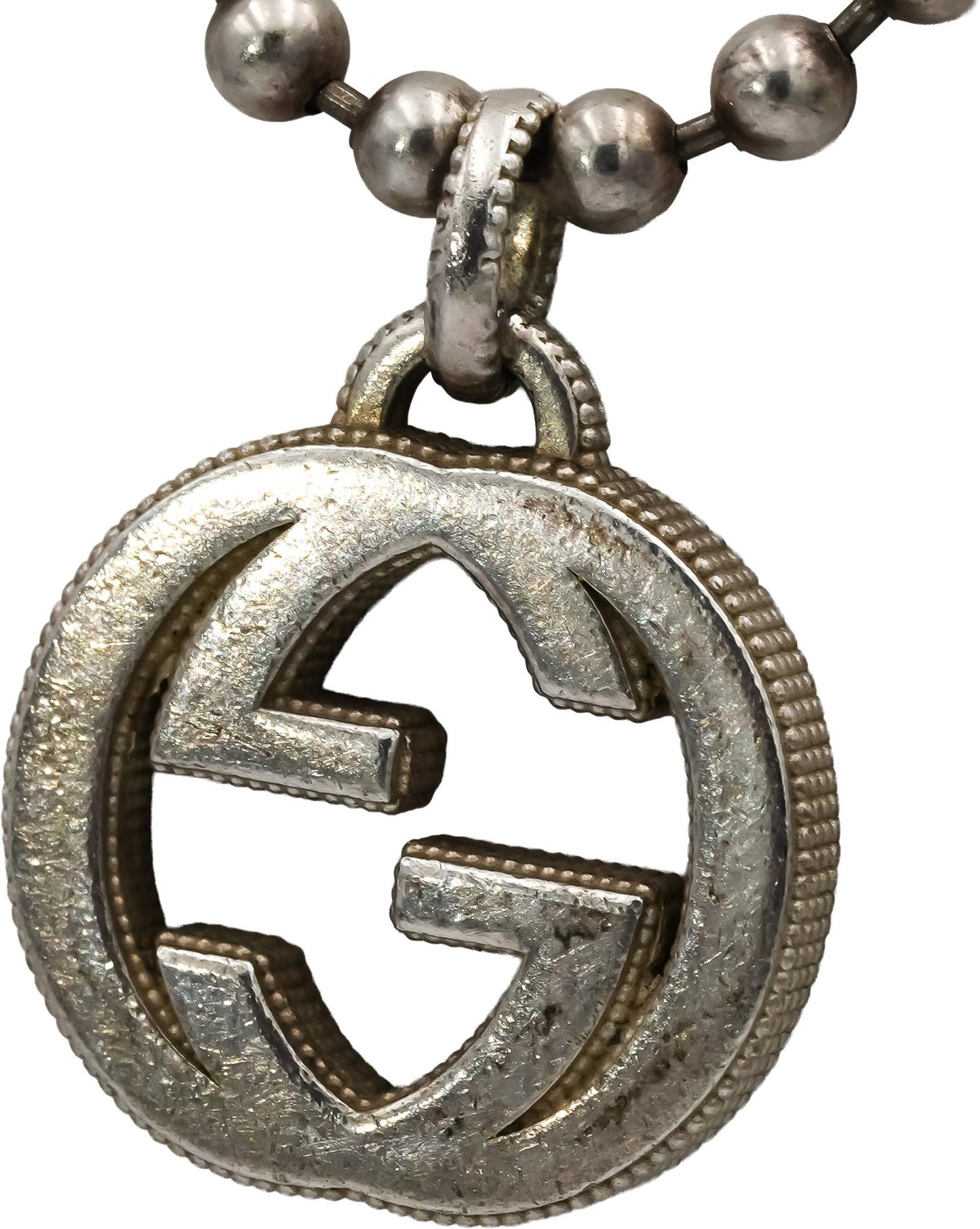GUCCI Sterling Silver Interlocking G Pendant Beaded Necklace w/ Box