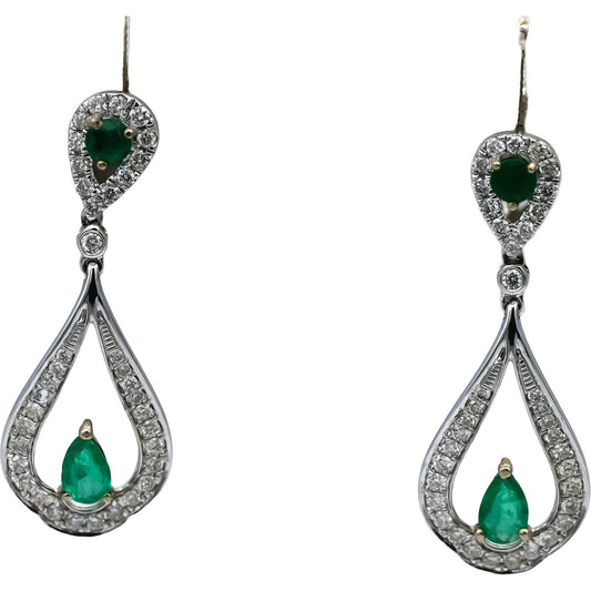 9k White Gold Diamond and Emerald Drop Dangle Earrings 0.55CT