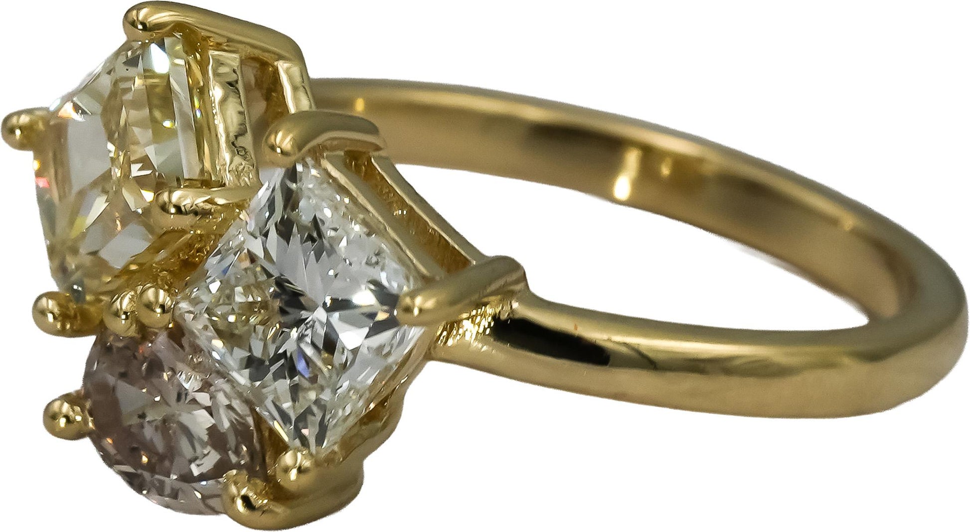 14k Yellow Gold Mixed Cut White & Yellow Diamond Three Stone Ring 2.19CT Size 6