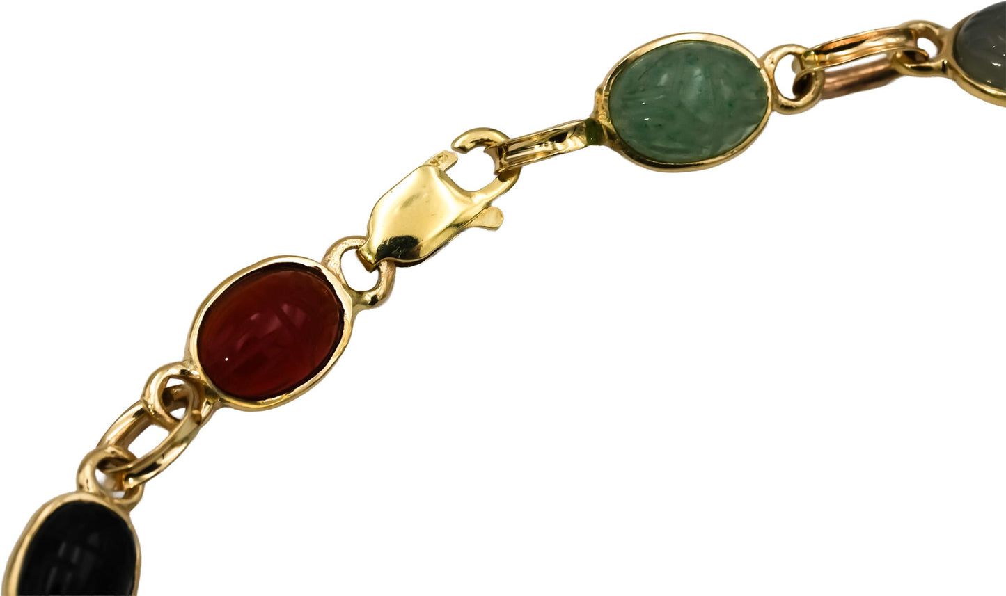 14k Yellow Gold Carved Scarab Multi Color Gemstone Bracelet