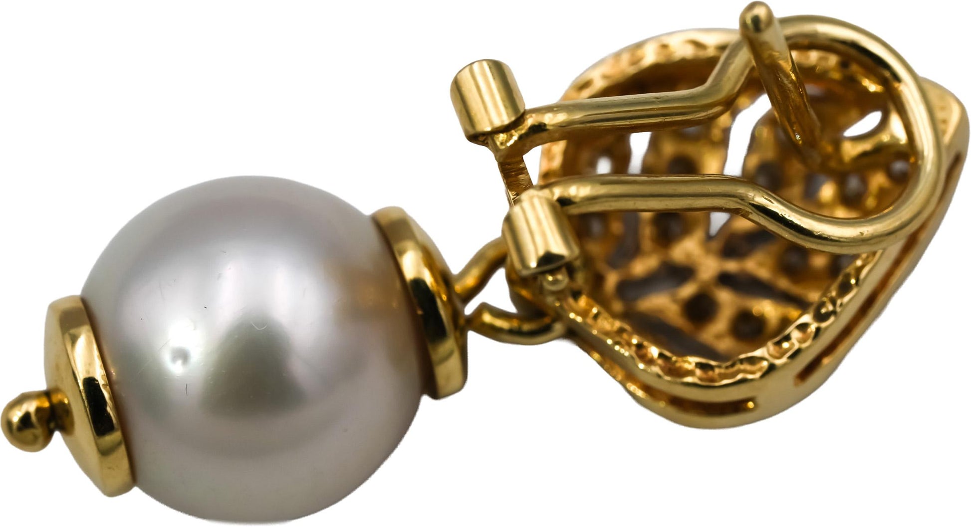 18k Yellow & White Gold Diamond and 11mm Pearl Dangle Floral Earrings 0.50CT