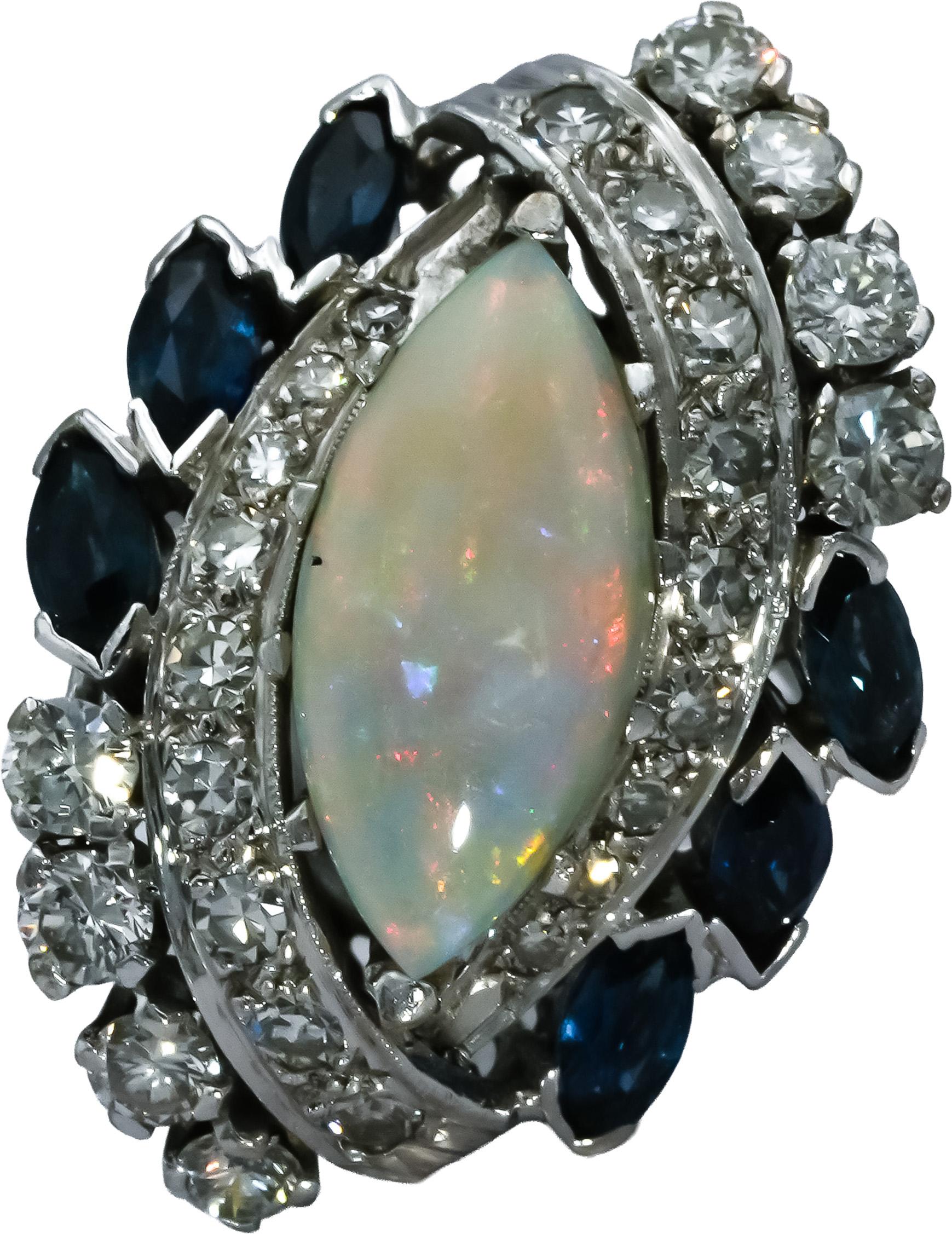 Antique Vintage 14k White Gold Diamond Opal Sapphire Ring 3.35CT Size 5.75