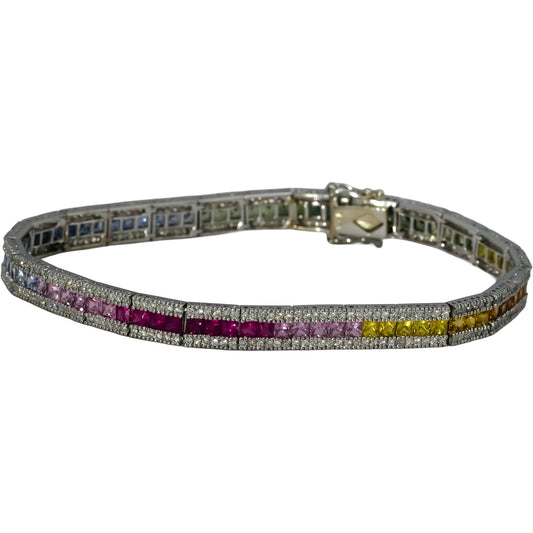 14k White Gold Diamond and Multi Color Sapphire Line Bracelet 5.50CT