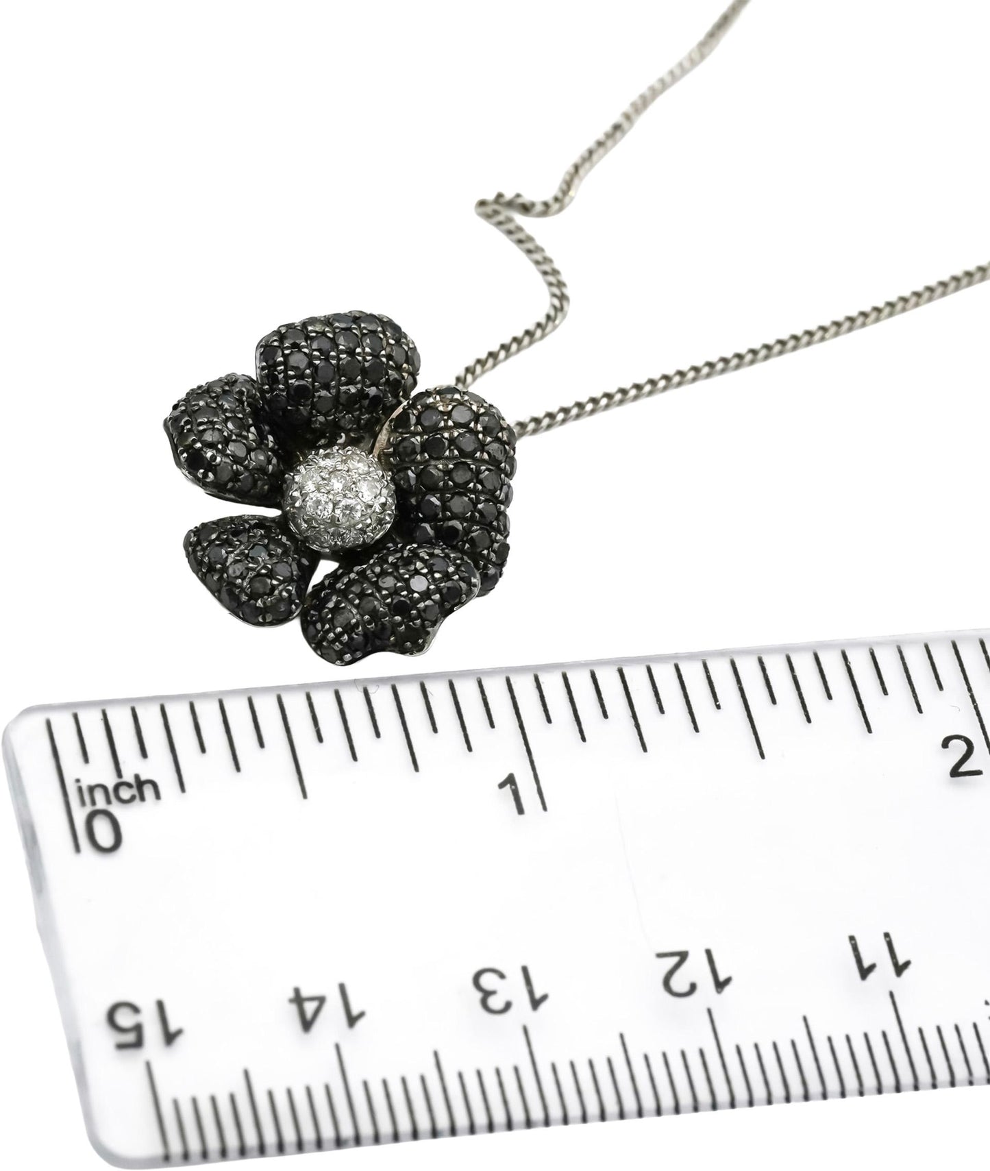 18k White Gold White and Black Diamond Cluster Flower Pendant Necklace 1.25CT