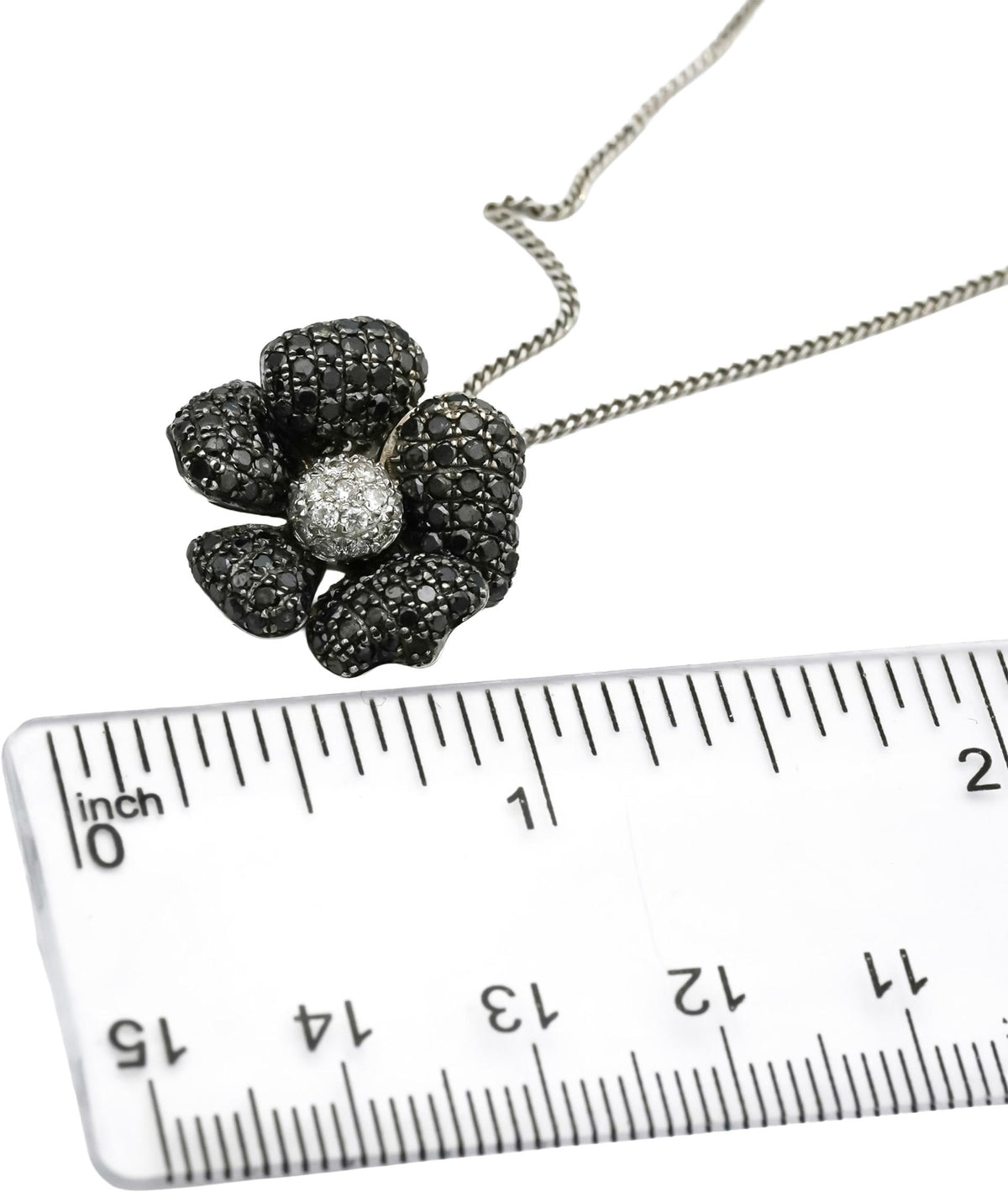18k White Gold White and Black Diamond Cluster Flower Pendant Necklace 1.25CT