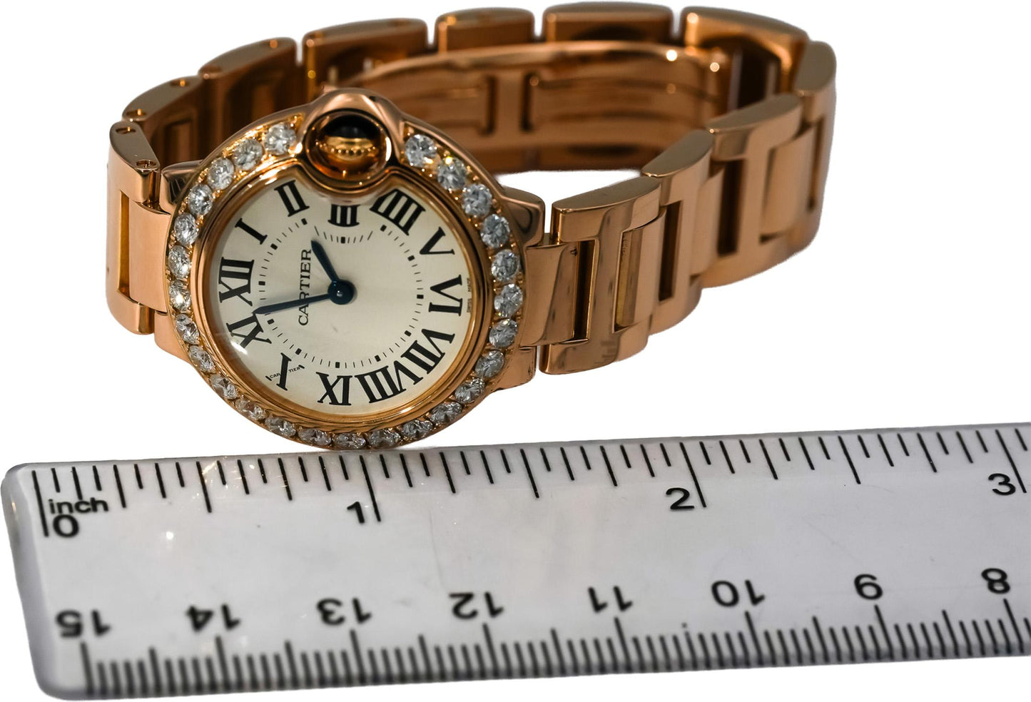 CARTIER 18k Rose Gold Ballon Bleu Diamond Bezel 28mm Ladies Watch Ref 80482NX