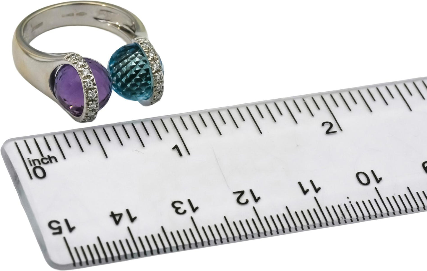 BIBIGI 18k White Gold Diamond Amethyst Blue Topaz Bypass Ring 0.25CT Size 6.25