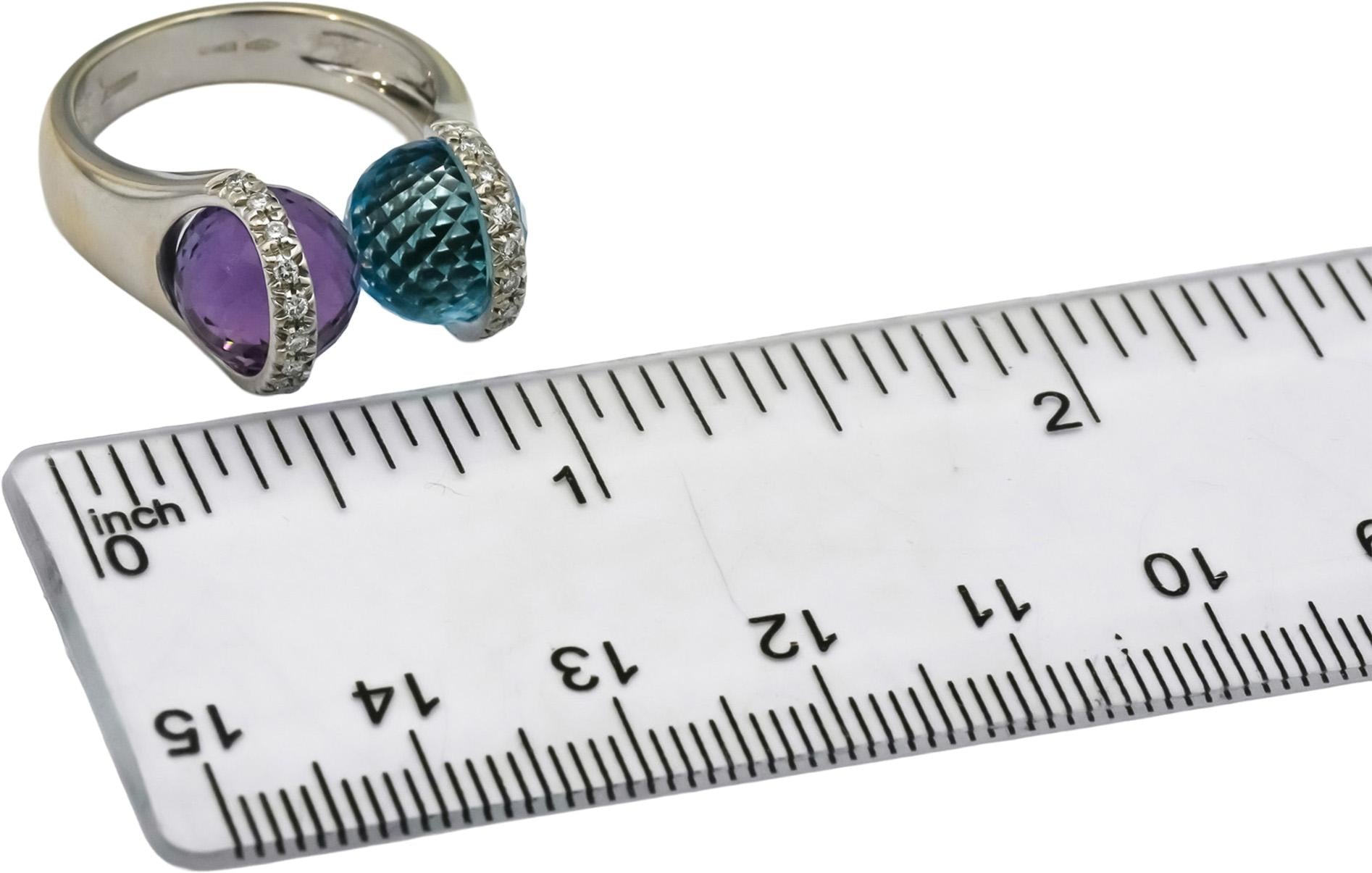 BIBIGI 18k White Gold Diamond Amethyst Blue Topaz Bypass Ring 0.25CT Size 6.25
