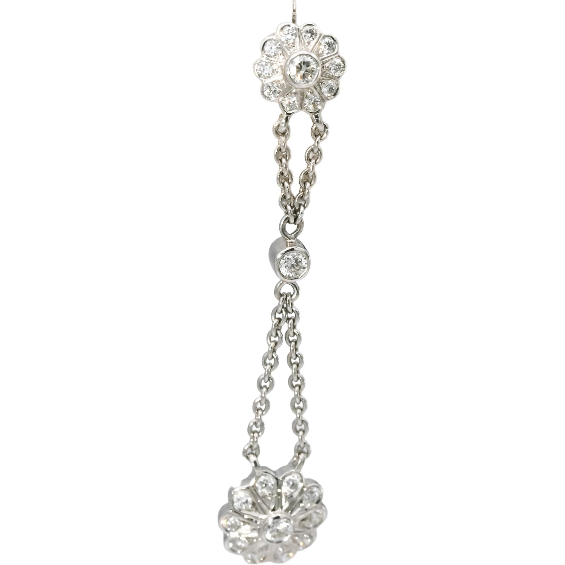 18k White Gold VS Round Diamond Flower Drop Dangle Earrings 0.95CT