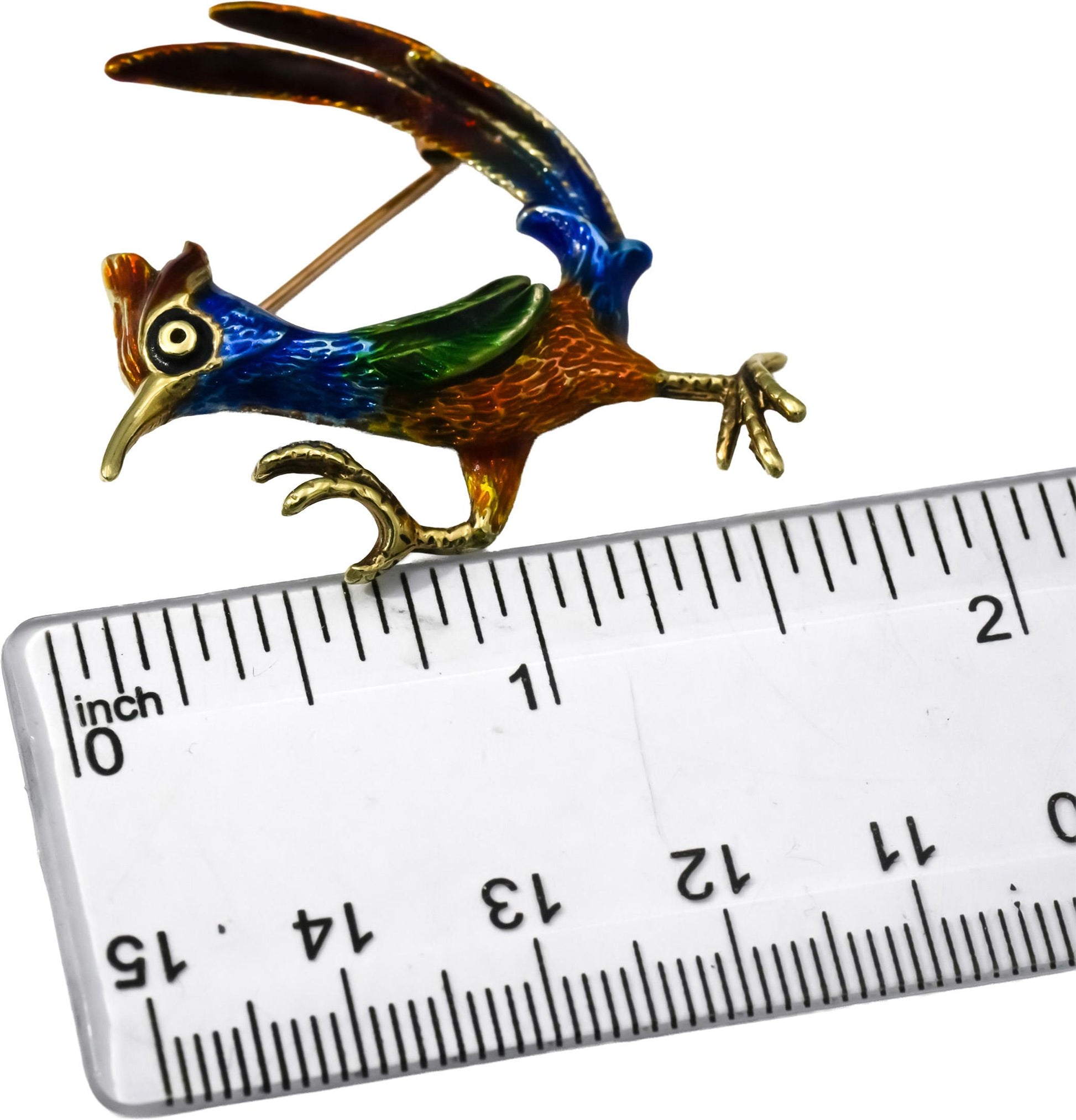 14k Yellow Gold Colorful Enamel Road Runner Brooch