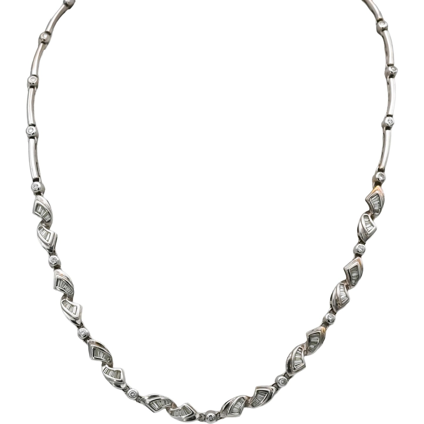 18k White Gold Round and Baguette Cut Diamond Fancy Link Necklace 1.50CT