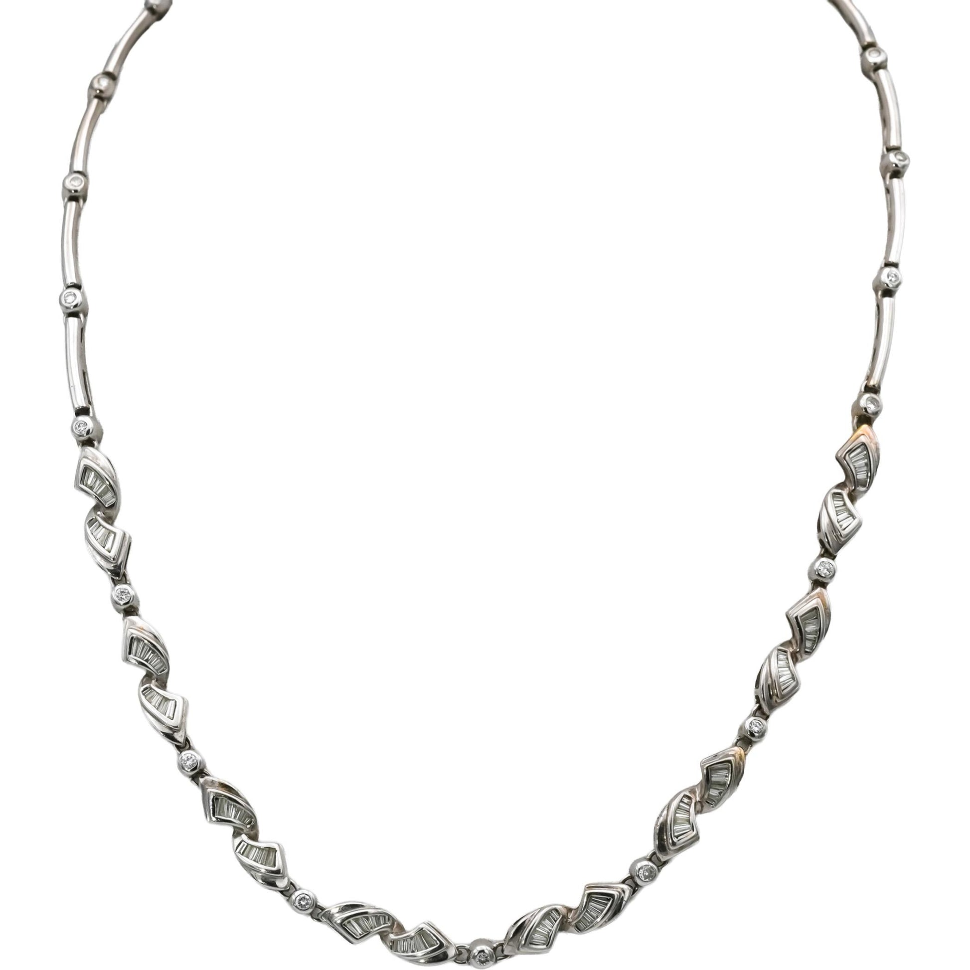 18k White Gold Round and Baguette Cut Diamond Fancy Link Necklace 1.50CT