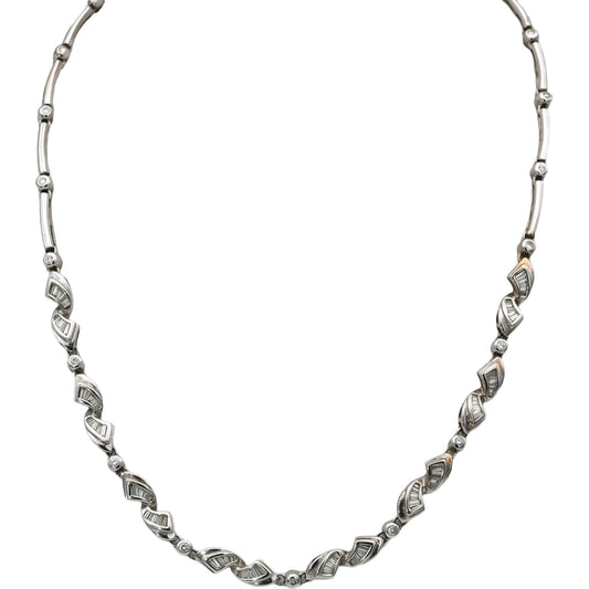 18k White Gold Round and Baguette Cut Diamond Fancy Link Necklace 1.50CT