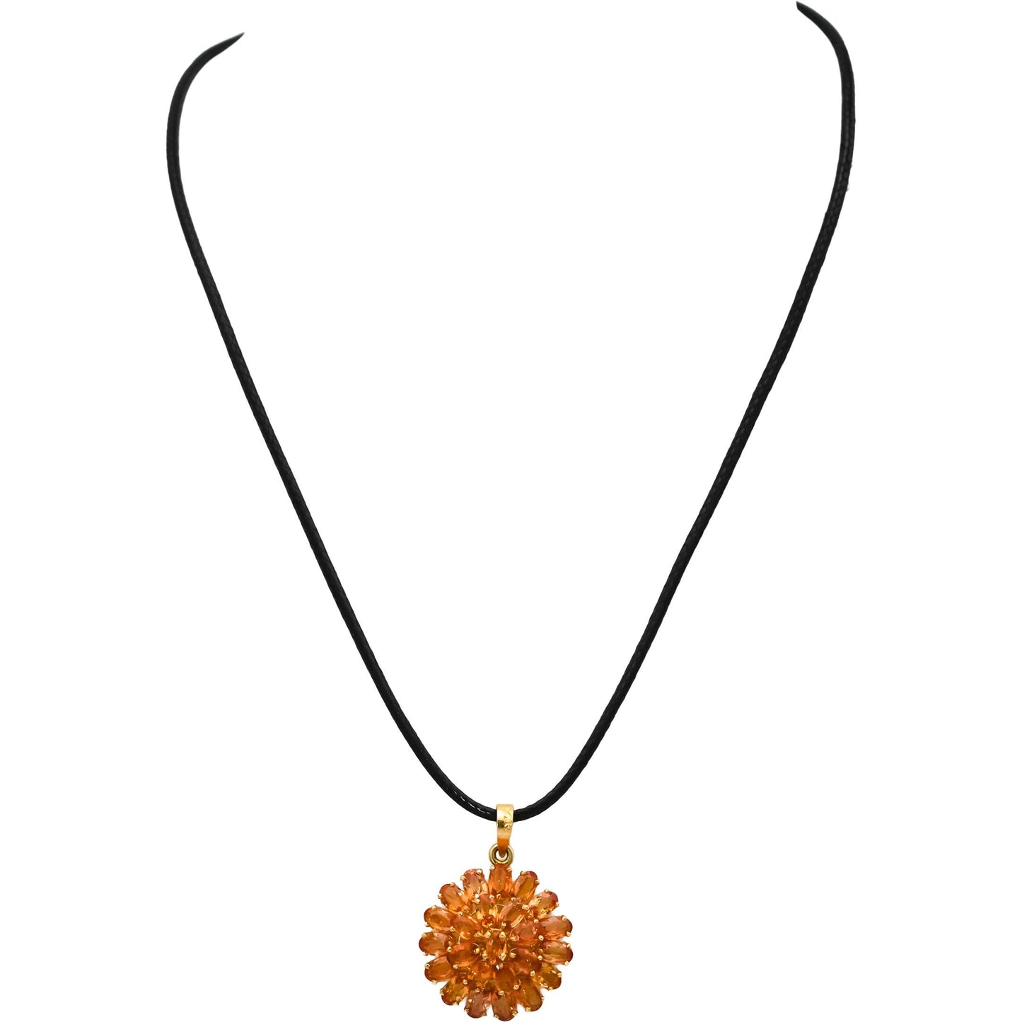 14k Yellow Gold Orange Sapphire Cluster Floral Pendant Necklace 5.0CT
