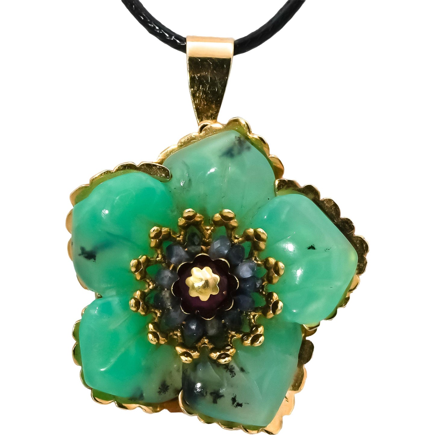 14k Yellow Gold Jadeite and Sapphire Flower Pendant Necklace