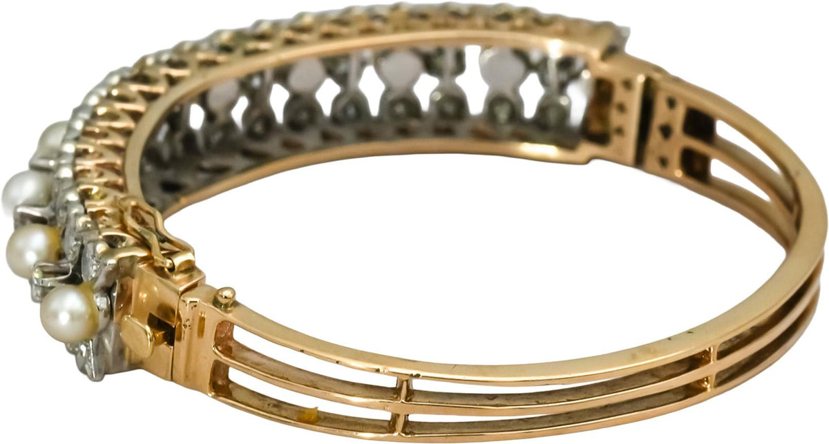 Vintage Antique 14k Yellow Gold Diamond and Pearl Bangle Bracelet 1.50CT