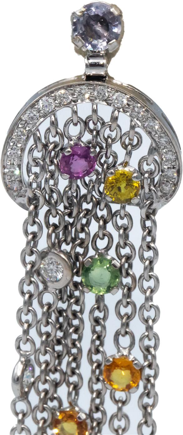 18k White Gold Diamond and Rainbow Sapphire Drop Dangle Tassel Earrings 8.0CT
