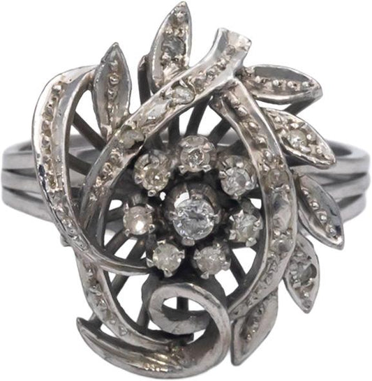 Vintage 14k White Gold 0.16CT Round Cut Diamond Floral Cocktail Ring Size 8