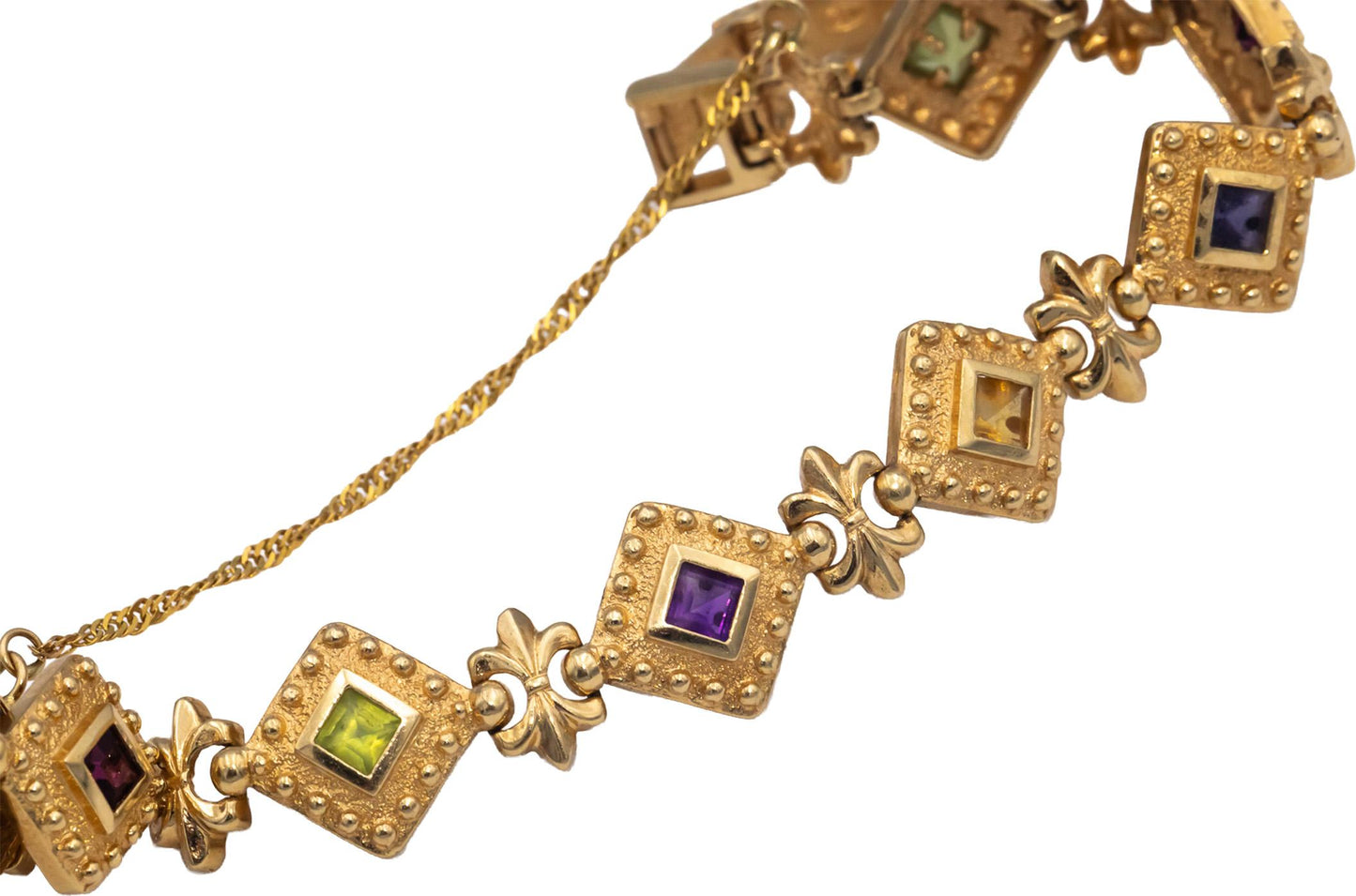 14k Yellow Gold Assorted Rainbow Gemstone Fancy Link Bracelet 5.0CT
