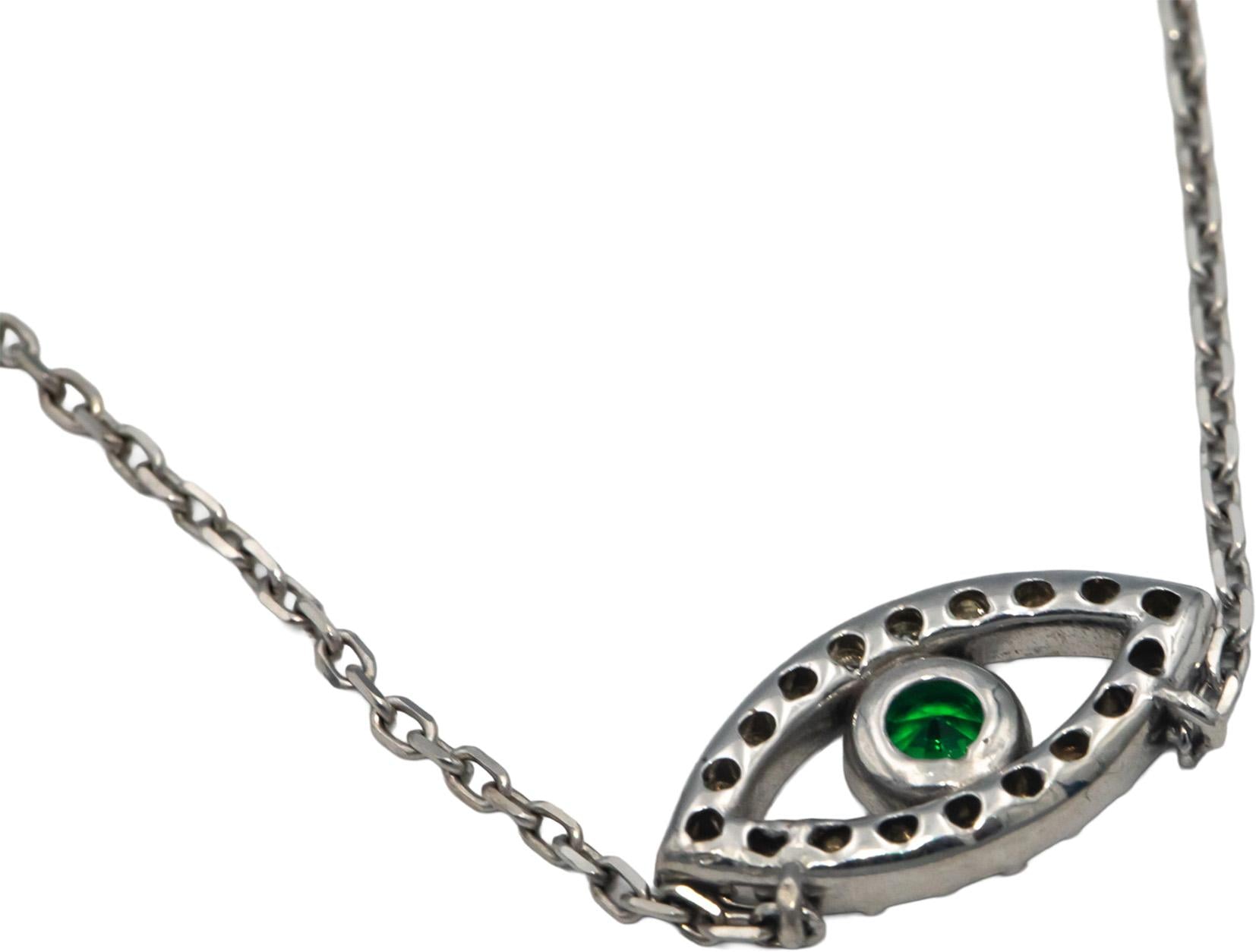 14k White Gold 0.32CT Diamond and Tsavorite Garnet Evil Eye Pendant Necklace