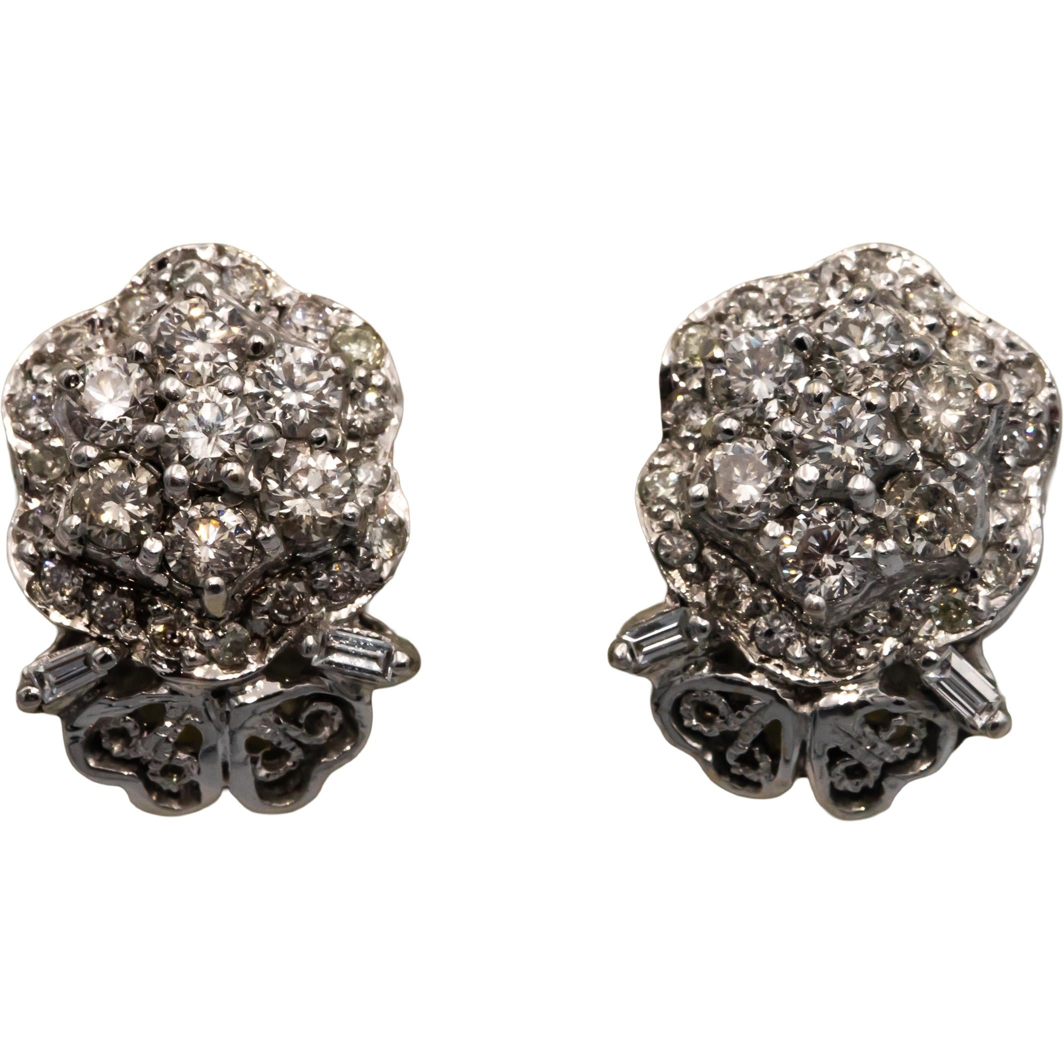 10k White Gold Round and Baguette Cut Diamond Cluster Stud Earrings 1.25CT