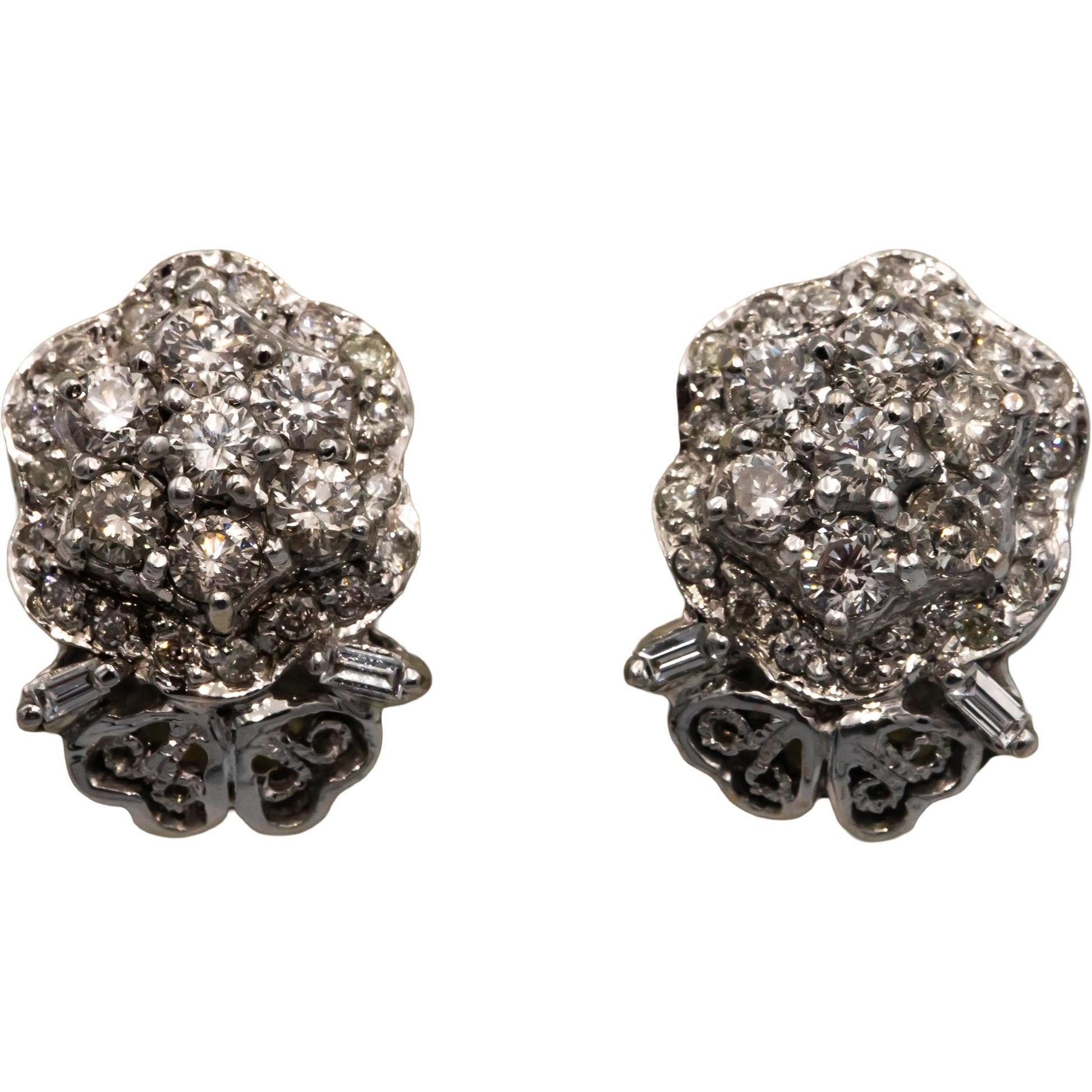 10k White Gold 1.25CT Round and Baguette Cut Diamond Cluster Stud Earrings
