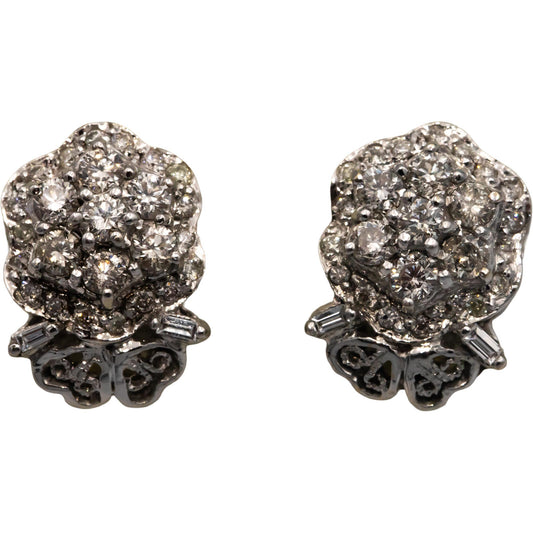 10k White Gold 1.25CT Round and Baguette Cut Diamond Cluster Stud Earrings