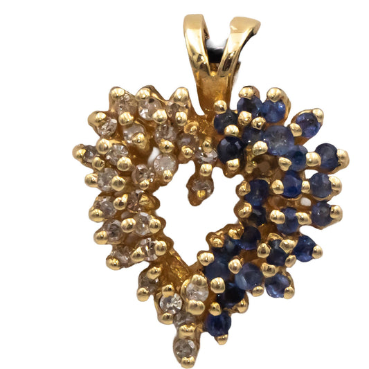 14k Yellow Gold 0.63CT Diamond and Sapphire Heart Cluster Pendant Necklace