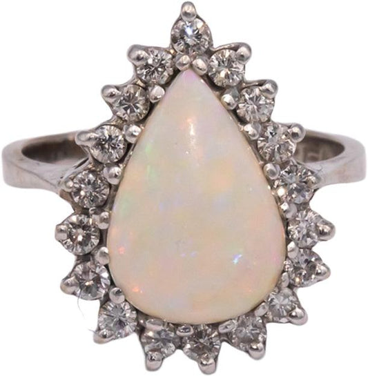 14k White Gold 3.50CT Round Cut Diamond and Cabochon Opal Ring Size 7.75