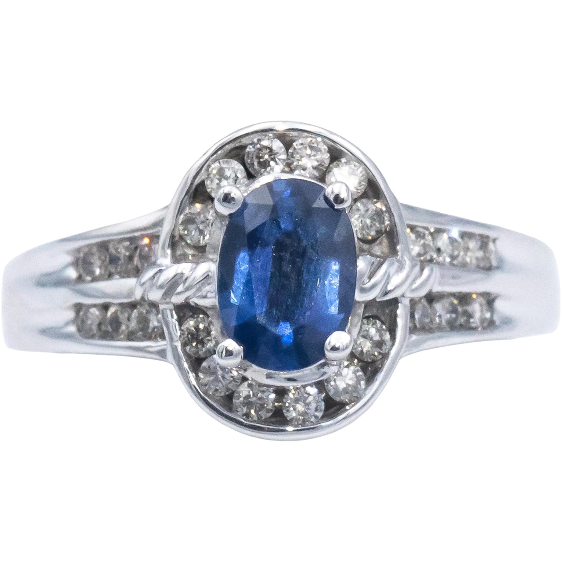 14k White Gold 1.20CT Round Diamond and Oval Sapphire Oval Ring Size 7